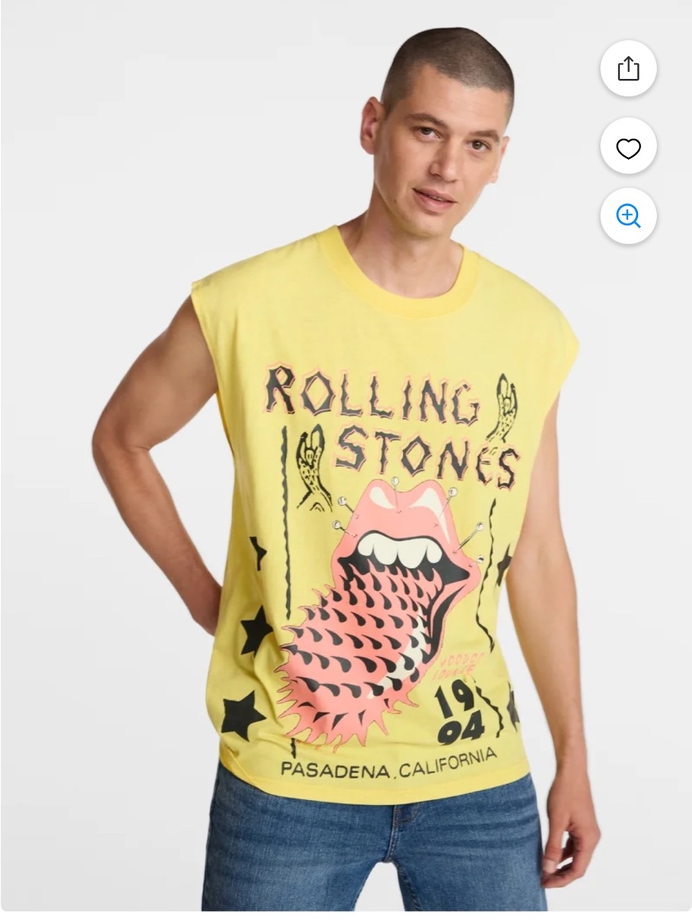 the Rolling Stones Yellow Sleeveless Graphic Tank with Pink Tongue Art